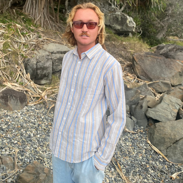 Front view of SaltySeas Coastal Stripes Linen Shirt in blue and white stripes