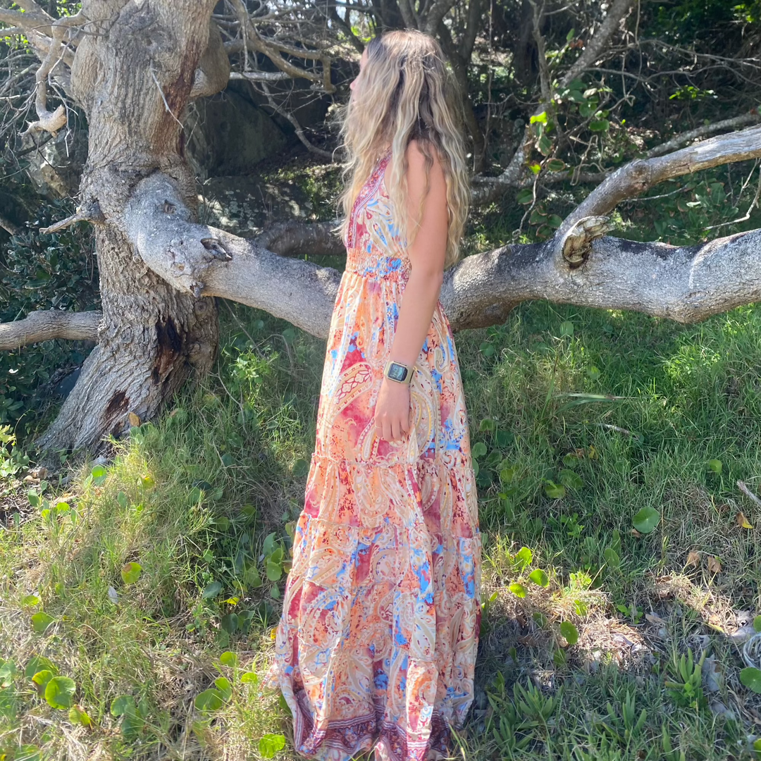 Side view of one-size-fits-most Wanderlust Dress with flowing silhouette