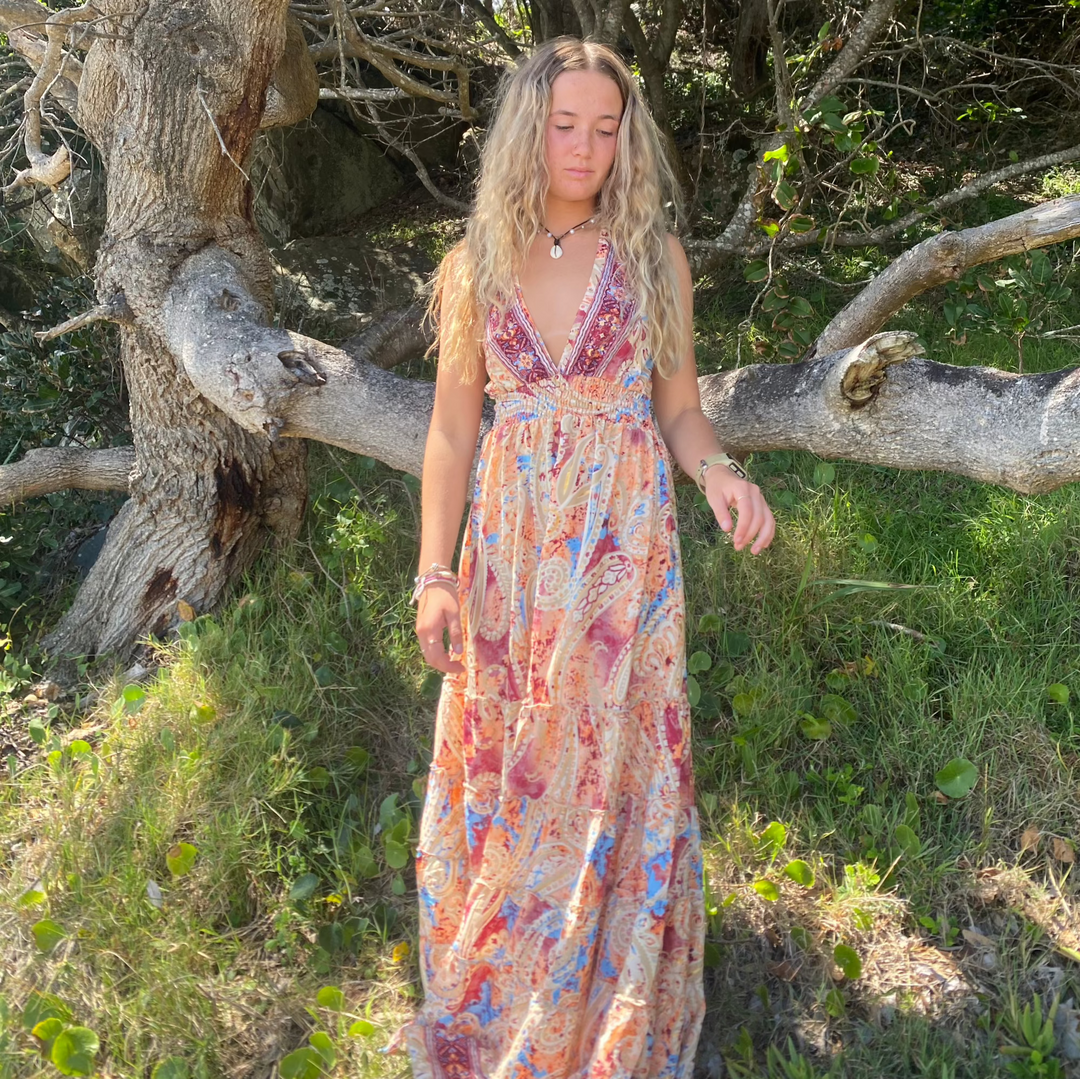 Front view of the Wanderlust Dress in long, flowy silk